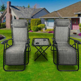 BIRCHTREE 3 Pieces Adjustable Chairs Folding Table Set Reclining Lounge Drink Holder Grey