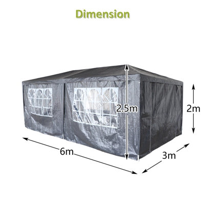 BIRCHTREE 3X6M Outdoor PE Gazebo Patio Shade Canopy Waterproof 6 Pieces Sidewalls Grey - 5
