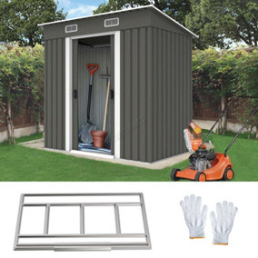 Birchtree 4X6FT Metal Garden Shed Pent Roof With Free Foundation Base Storage House Grey