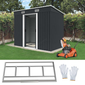 Birchtree 4X8FT Metal Garden Shed Pent Roof Free Foundation Base Storage House Anthracite