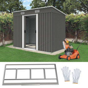 Birchtree 4X8FT Metal Garden Shed Pent Roof With Free Foundation Base Storage House Grey