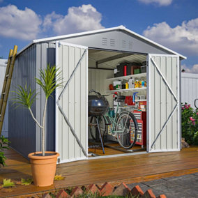 Birchtree 8X6FT Metal Garden Shed Apex Roof With Free Foundation Base Storage House Grey