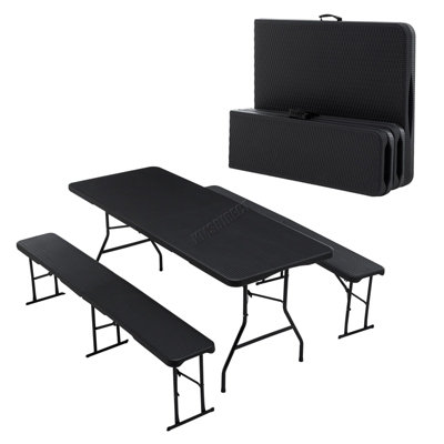 BIRCHTREE Folding Table & 2 Benches Set Foldable 3 PCS For Picnic Garden Camping BBQ Black