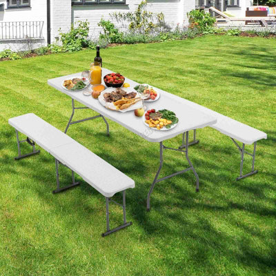 BIRCHTREE Folding Table & 2 Benches Set Foldable 4 PCS For Picnic Garden Camping BBQ White