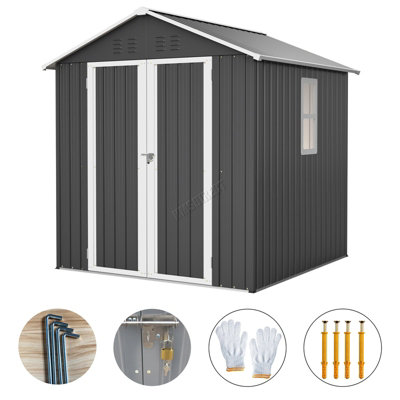 BIRCHTREE Garden Shed 6x6FT Steel Apex Tool Equipment Organize W/Window Door Anthracite