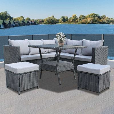 BIRCHTREE Outdoor LShape Rattan Sofa Glass Coffee Table with 2 Stools