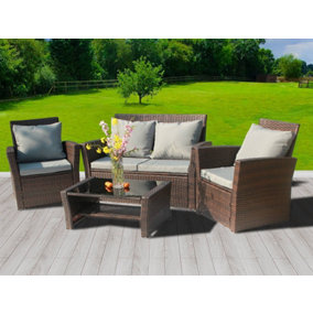 Birchtree Rattan Garden Furniture Set Sofa Armchair Glass Coffee Table 4 Seater Cushion Outdoor Patio RFS02 Brown