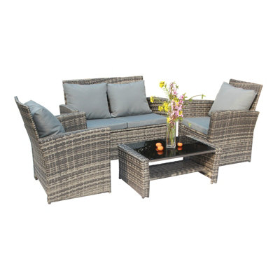 Birchtree Rattan Garden Furniture Set Sofa Armchair Glass Coffee Table 4 Seater Cushion Outdoor Patio RFS02 Grey