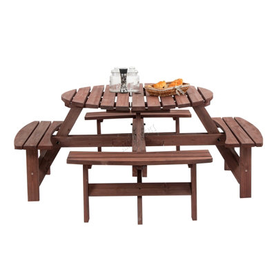 Birchtree Round Picnic Table 8 Seater Wooden Garden Patio Pub Bench Outdoor Indoor Home Park furniture