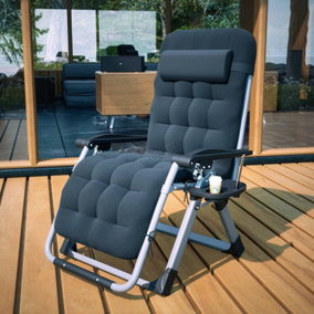 BIRCHTREE Sun Recliner With Cushion Foldable Chair Patio Garden Beach Black