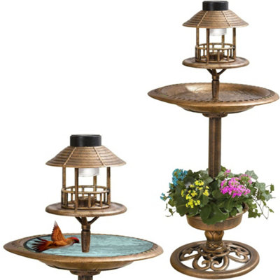 Bird bath Hotel Feeder and Bath with Solar Light Garden Ornament Birds Table Station Bronze