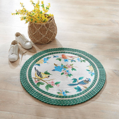 Bird Design Circular Rug, Colourful Woven Pattern, Recycled Material, Non-slip Backing, 76cm Diameter