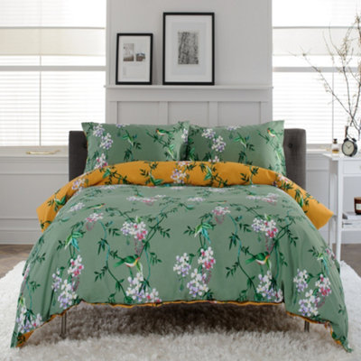Bird Garden Sage & Gold Printed Cotton Rich 200 Thread Count Duvet Set