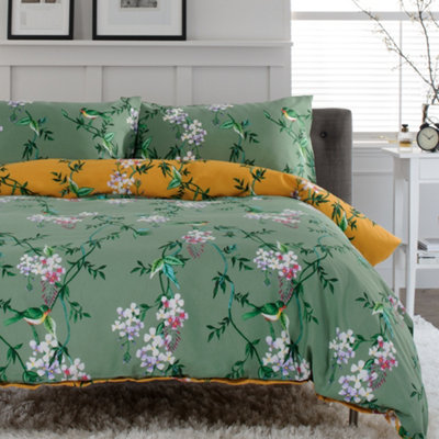 Bird Garden Sage & Gold Printed Cotton Rich 200 Thread Count Duvet Set