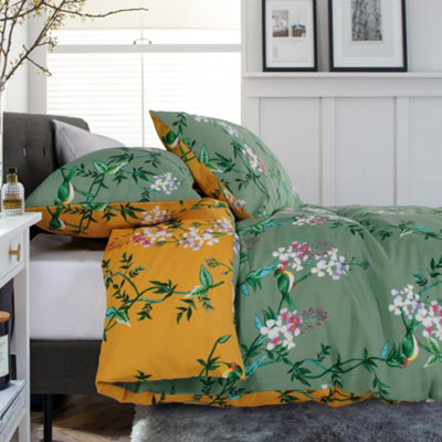 Bird Garden Sage & Gold Printed Cotton Rich 200 Thread Count Duvet Set
