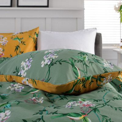 Bird Garden Sage & Gold Printed Cotton Rich 200 Thread Count Duvet Set