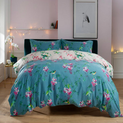 Bird Garden Teal 200 Thread Count Cotton Rich Reversible Duvet Cover Set