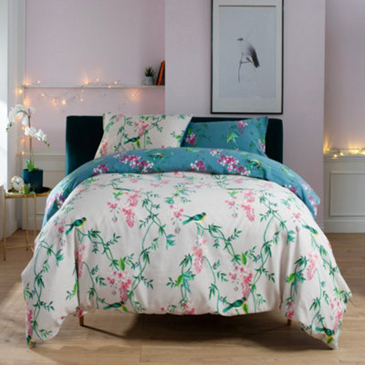 Bird Garden Teal 200 Thread Count Cotton Rich Reversible Duvet Cover Set