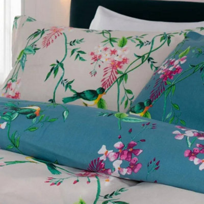 Bird Garden Teal 200 Thread Count Cotton Rich Reversible Duvet Cover Set