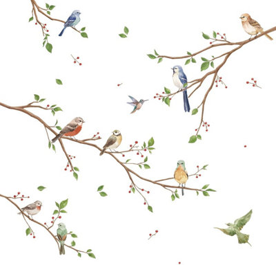 Bird on Tree Branch Wall Decals Watercolor Birds Flower Wall Stickers ...
