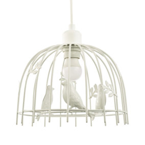 Birdcage Pendant Shade in White Gloss Metal with Birds and Leaves - Shabby Chic