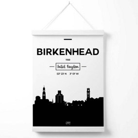 Birkinhead Black and White City Skyline Poster with Hanger / 33cm / White