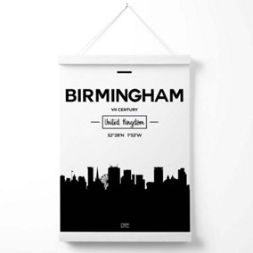 Birmingham Black and White City Skyline Poster with Hanger / 33cm / White