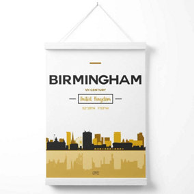 Birmingham Yellow and Black City Skyline Poster with Hanger / 33cm / White