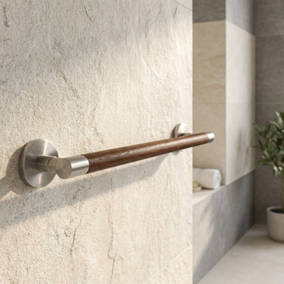 Bisk 460mm Solid Wood and Zamak Wall Mounted Bath Rack Single Towel Bar ...