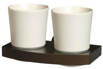 Bisk Solid Wood and Zamak Wall Mounted Ceramics Double Toothmug Toothbrush Cup Grip