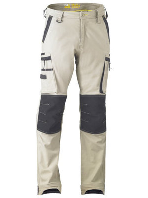 BISLEY WORKWEAR FLX & MOVE STRETCH UTILITY CARGO TROUSER WITH KEVLAR KNEE PAD POCKETS STONE 38R