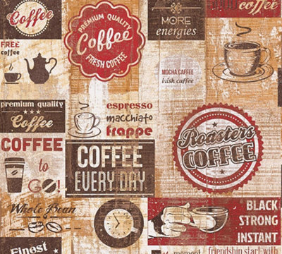 Bistro Coffee Shop Diner Wallpaper Kitchen Vintage Red Brown Beige Embossed