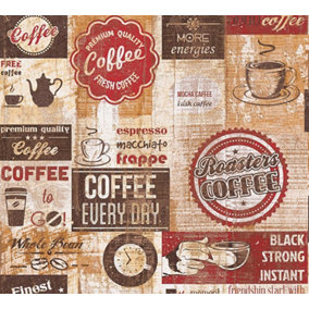 Bistro Coffee Shop Diner Wallpaper Kitchen Vintage Red Brown Beige Embossed