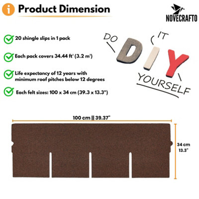 Bitumen Roof Felt Shingles, 20 pcs/34.44 ft² (3.2 sqm), Asphalt Roof Shingles - Weather Resistant Roofing Tiles - Brown