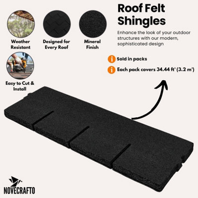 Bitumen Roof Felt Shingles, 20 pcs/34.44 ft² (3.2 sqm), Asphalt Roof Shingles - Weather Resistant Roofing Tiles - Graphite