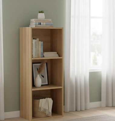 Biznest 3-Tier Wooden Bookcase Shelf Unit Open Luder Cube Home Decor Floor Standing Storage Living Room Furniture Oak 80x30.5x24Cm