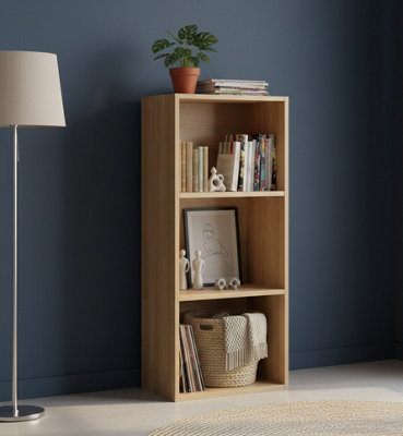 Biznest 3-Tier Wooden Bookcase Shelf Unit Open Luder Cube Home Decor Floor Standing Storage Living Room Furniture Oak 80x30.5x24Cm