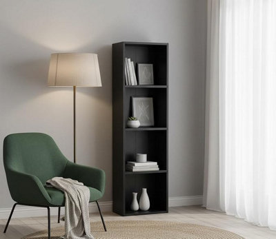 Biznest 4-Tiers Wooden Bookcase Shelf Unit Open Luder Tall Cube Home Decor Floor Standing Storaget Living Room Black 106x30.5x24Cm