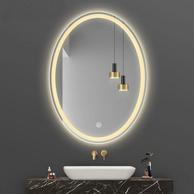 BIZNEST 70X50 Cm Double LED Oval Lighted Bathroom Wall Mirror 3 Color Light Touch Switch With Fog Pad Illuminated Backlit L8033
