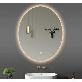 Biznest 70X50 Cm LED Oval Lighted Bathroom Wall Mirror 3 Color Light Touch Switch With Fog Pad Illuminated Backlit L8032