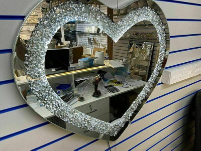 Biznest 80x70 cm LED Light Heart Shape Sparkly Crushed Crystal Diamante Illuminated Wall Mirror