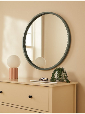 Biznest Classic Round Wall Mounted Mirror Ribbed Bordered Green Finish Wooden Frame Circular Design Glass Construction 60 Cm Dia .