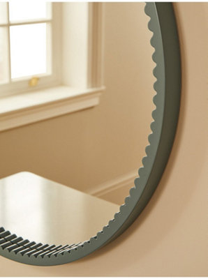 Biznest Classic Round Wall Mounted Mirror Ribbed Bordered Green Finish Wooden Frame Circular Design Glass Construction 60 Cm Dia .