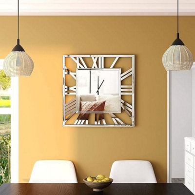 Biznest Full Mirrored Square Wall Clock Large Roman NumeralClock Silver ...