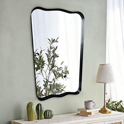 Biznest Organic Shape Deep Design Black Bold Aluminium Framed Wall Mounted Mirror Portrait Orientation Wavy Edges Style 85x60x3 Cm