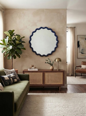 Biznest Round Wavy Blue Edges Style Wall Hanging Mirror Plastic Framed Playful Home Furniture Decor Large Display 49.5x49.5x2.5Cm
