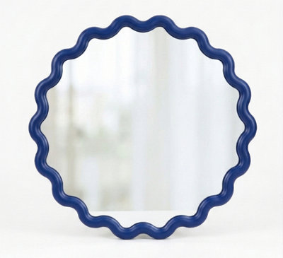 Biznest Round Wavy Blue Edges Style Wall Hanging Mirror Plastic Framed Playful Home Furniture Decor Large Display 49.5x49.5x2.5Cm