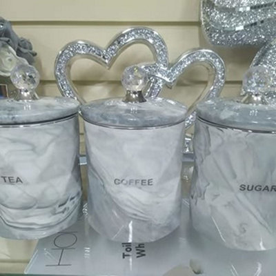 BIZNEST SET OF 3 MARBLE GREY STYLE CRYSTAL CONTAINERS FOR COFFEE TEA ...