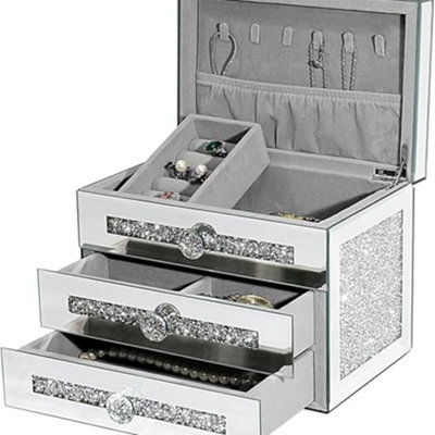 Mirrored Glass Mirrored Jewelry Box With Drawers Biznest Silver