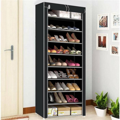 Black 10-Tier Fabric Shoe Rack Cabinet - Dustproof Storage